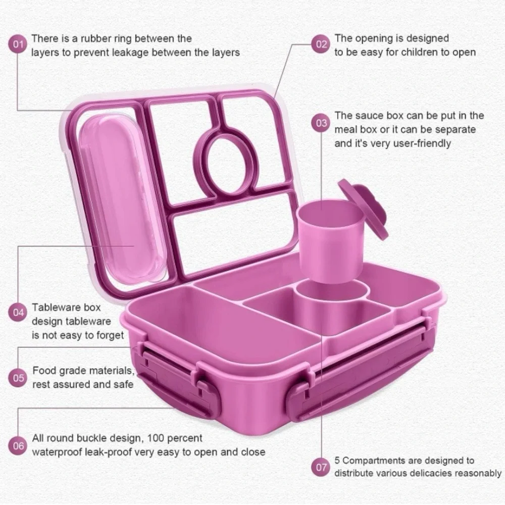 Amathley Bento Box With 5 Compartments For Lunches Adults, Kids, Purple BPA Free - Picture 6 of 8